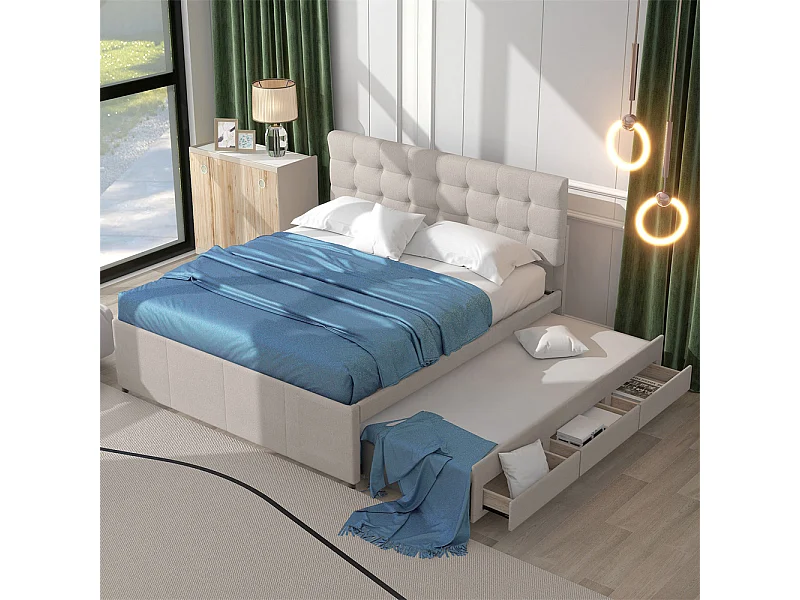 Volwassen bed 140x200 cm gestoffeerd bed met drie lades tweepersoonsbed beige linnen