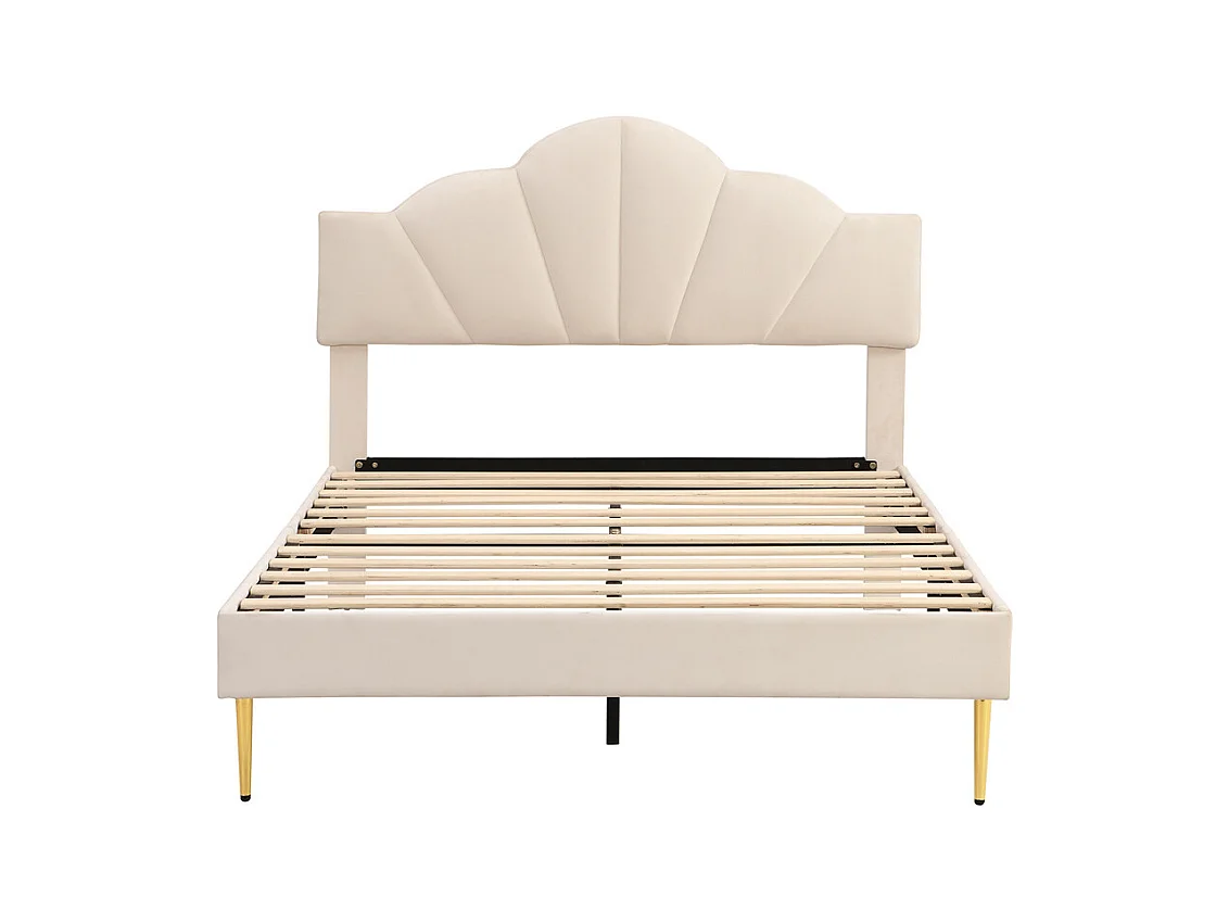 Lit rembourré 140x190 cm lit double avec sommier à lattes - tête de lit réglable - tissu en velours - beige