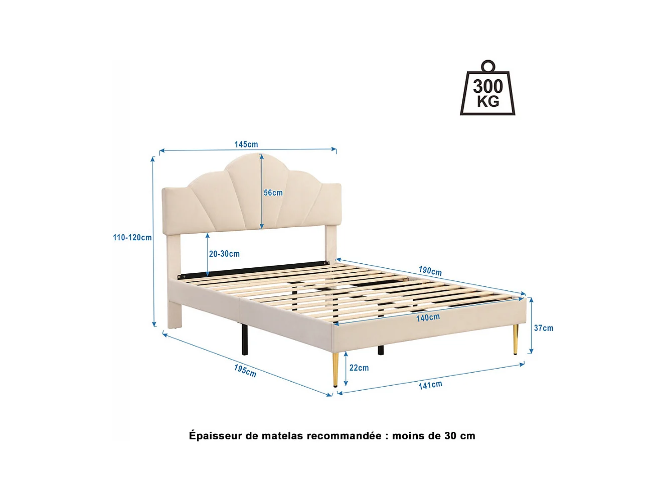 Lit rembourré 140x190 cm lit double avec sommier à lattes - tête de lit réglable - tissu en velours - beige