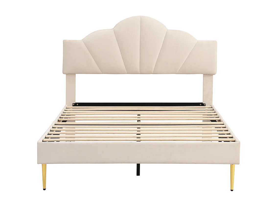 Lit rembourré 140x190 cm lit double avec sommier à lattes - tête de lit réglable - tissu en velours - beige