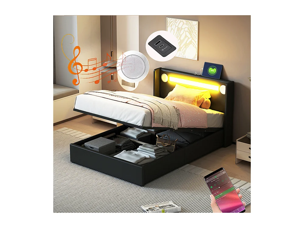 Gestoffeerd bed 90x200 cm bed lattenbodem led-lichtbalk bluetooth-speler en usb-oplader eenpersoonsbed zwart PU-leer