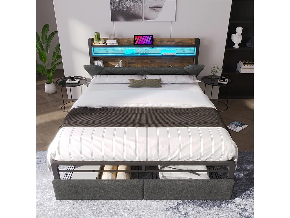Volwassen bed 160x200 cm met metalen frame gestoffeerd bed met LED-verlichting en lades tweepersoonsbed grijs linnen