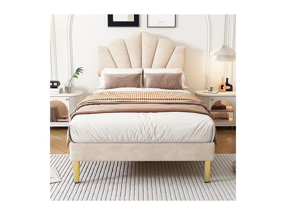 Gestoffeerd bed Eenpersoons 90x200 cm met lattenbodem - verstelbaar hoofdeinde - fluwelen stof - beige