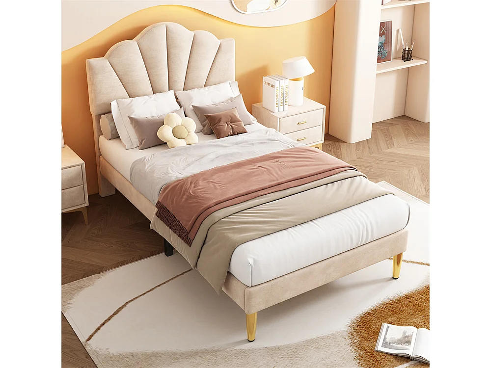 Gestoffeerd bed Eenpersoons 90x200 cm met lattenbodem - verstelbaar hoofdeinde - fluwelen stof - beige