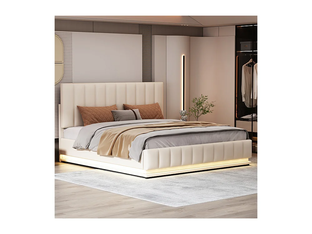 Volwassen bed 160x200 cm bed led gewatteerd hydraulisch tweepersoonsbed wit kunstleer