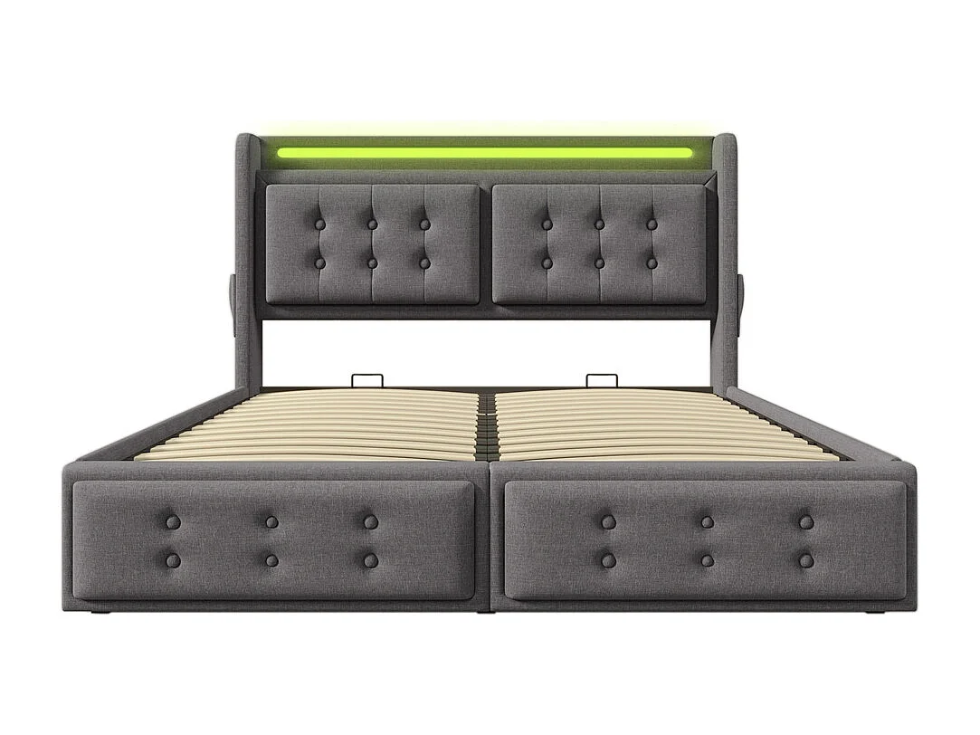 Lit adulte lit 140x200 cm lit rembourré hydraulique avec sommier en bois lit double coton lin gris