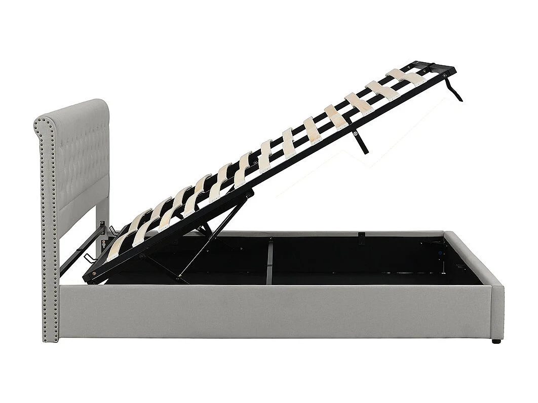 Gestoffeerd bed 140x190 cm, met hydraulische hendel, bedbodemopberging, geklonken decoratie, katoen-linnen, lichtgrijs