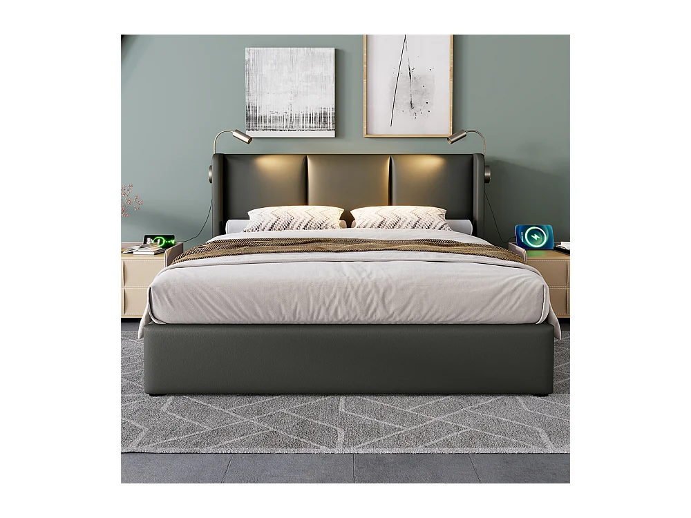 Gestoffeerd bed 140x200 cm opbergbed bed leeslamp hoofdeinde met usb oplaadfunctie tweepersoonsbed pu grijs
