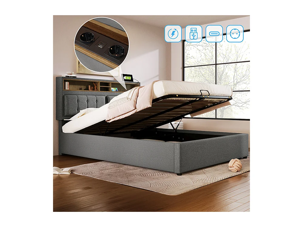 Hydraulisch gestoffeerd bed 140x200 cm opbergbed tweepersoonsbed met usb c aansluiting oplaadfunctie hoofdeinde grijs linnen