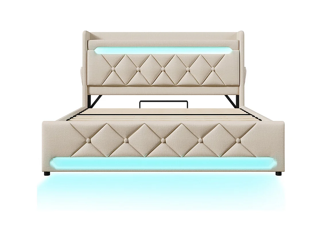 Hydraulisch gestoffeerd bed 160x200cm, tweepersoonsbed, opbergruimte aan het hoofdeinde met USB- en Type C-aansluiting, linnen, beige, zonder matras