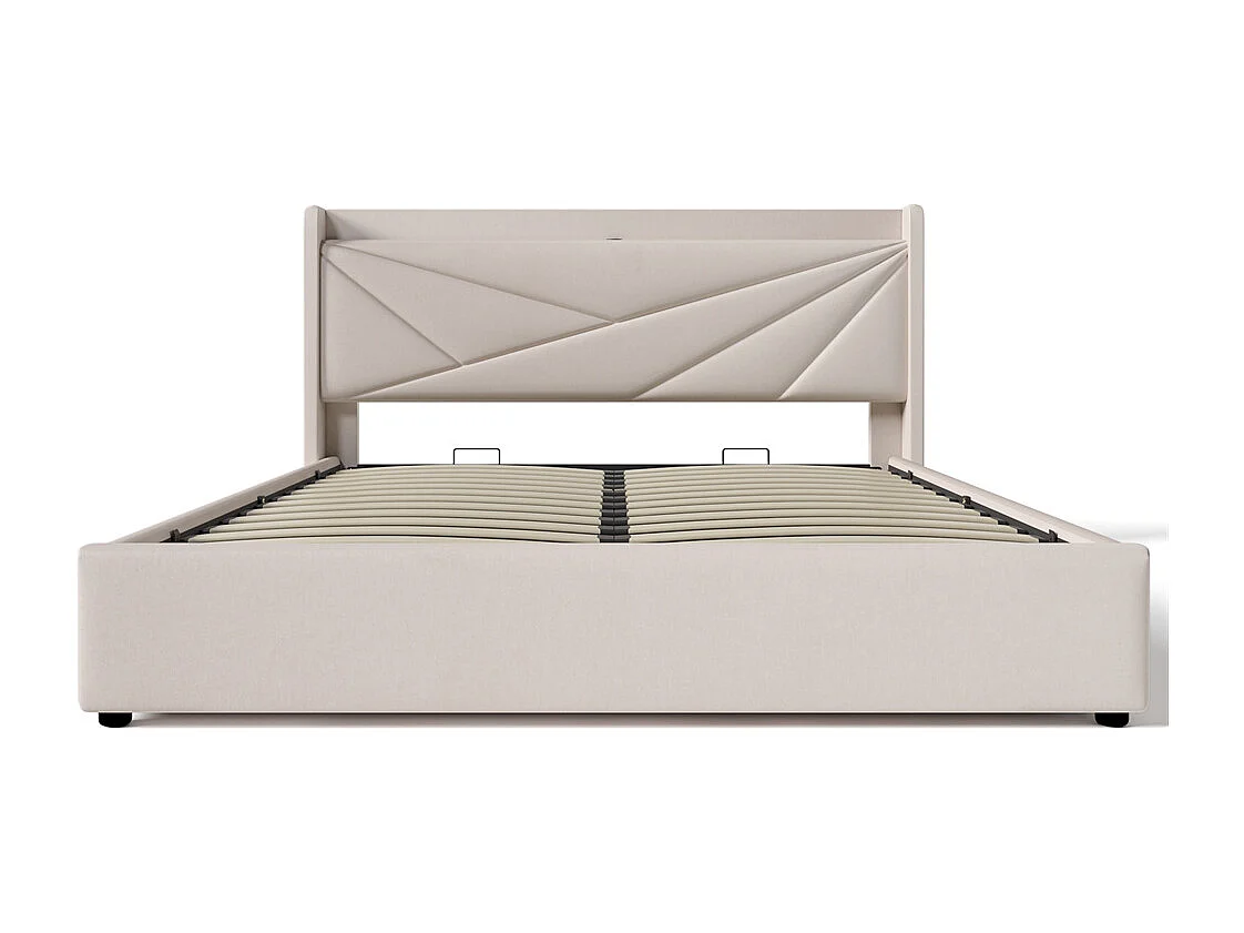 Gestoffeerd bed 180x200cm, hoofdbord met USB type C oplaadfunctie, opbergbed met lattenbodem, linnen, beige