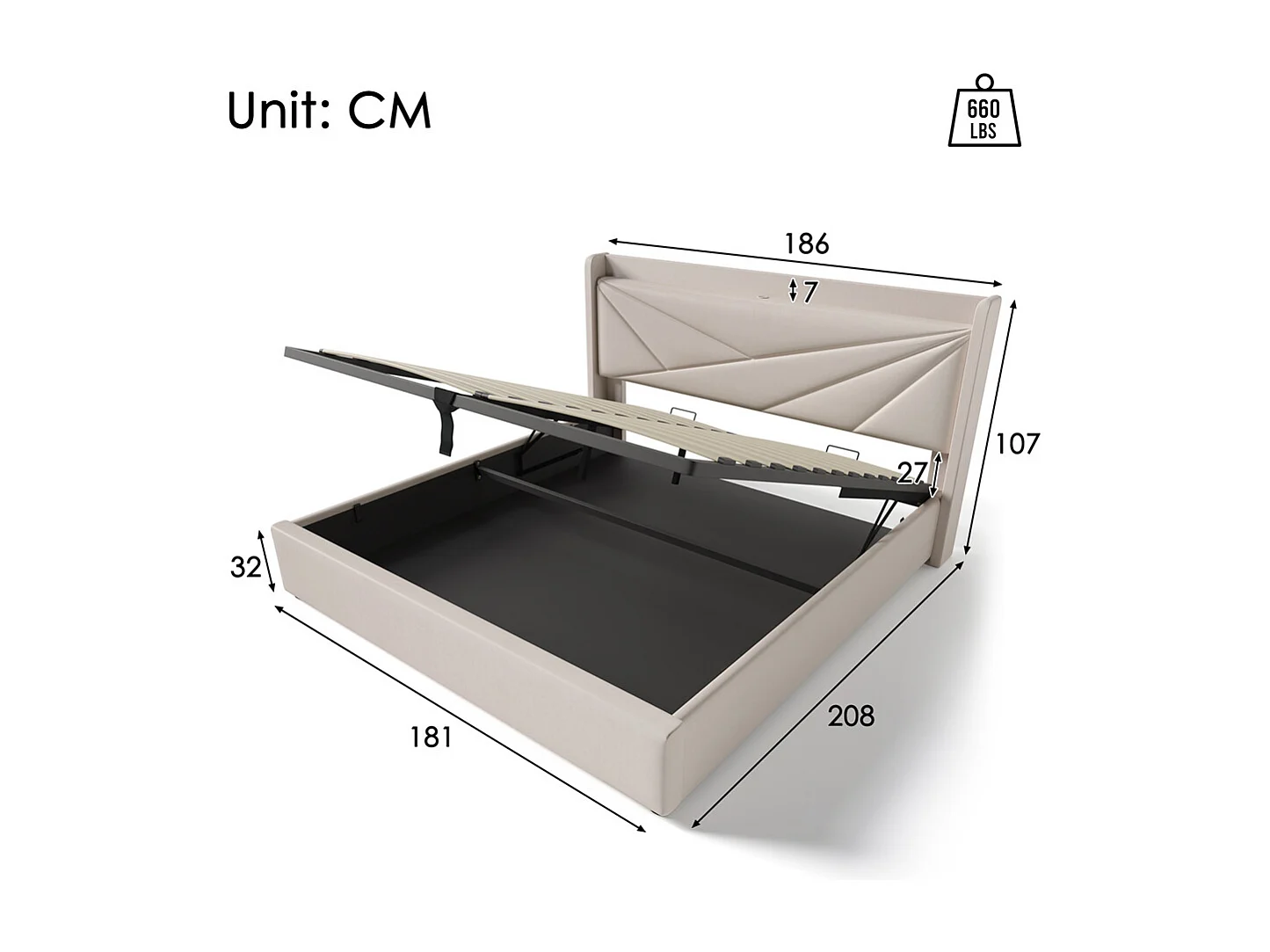 Gestoffeerd bed 180x200cm, hoofdbord met USB type C oplaadfunctie, opbergbed met lattenbodem, linnen, beige