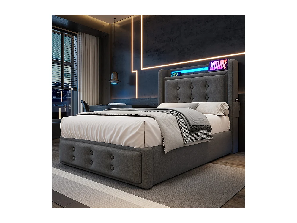 Volwassen bed 90x200 cm hydraulisch gestoffeerd bed met houten onderstel Eenpersoonsbed katoen linnen grijs