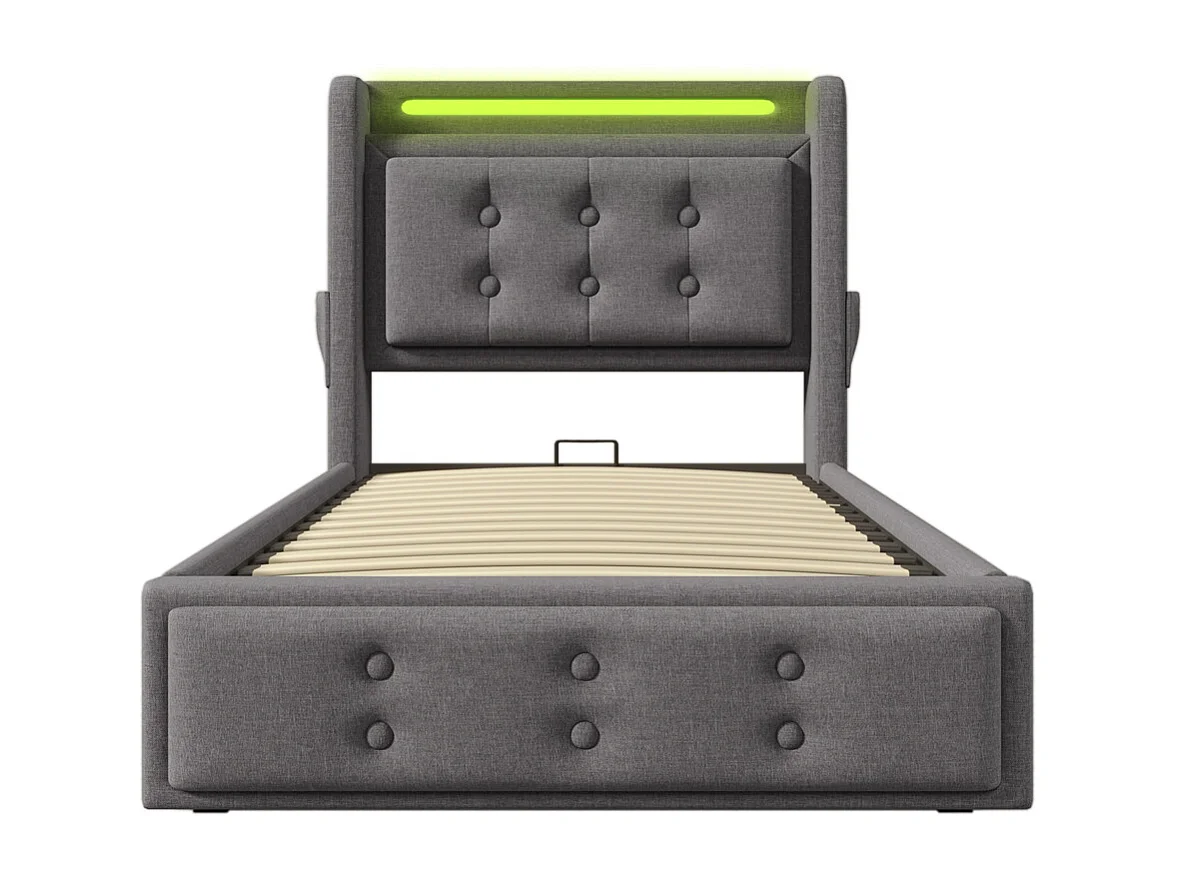 Volwassen bed 90x200 cm hydraulisch gestoffeerd bed met houten onderstel Eenpersoonsbed katoen linnen grijs