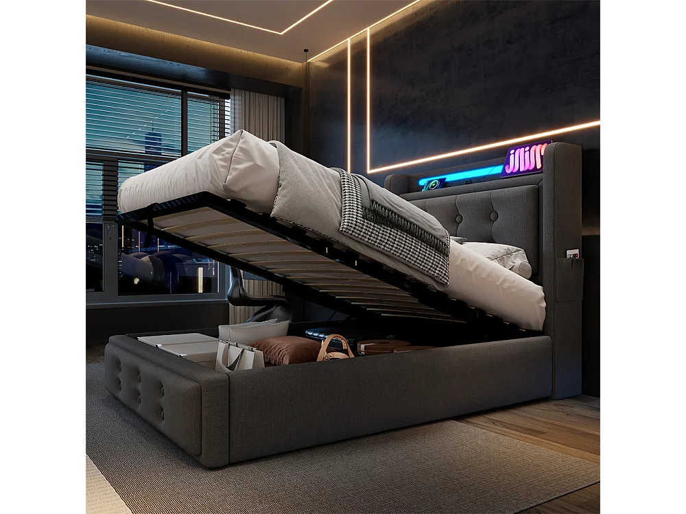 Volwassen bed 90x200 cm hydraulisch gestoffeerd bed met houten onderstel Eenpersoonsbed katoen linnen grijs