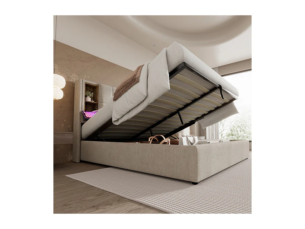 Gestoffeerd bed 180x200cm opbergbed houten lattenbodem bed met usb c draadloos opladen tweepersoonsbed linnen Neutraal