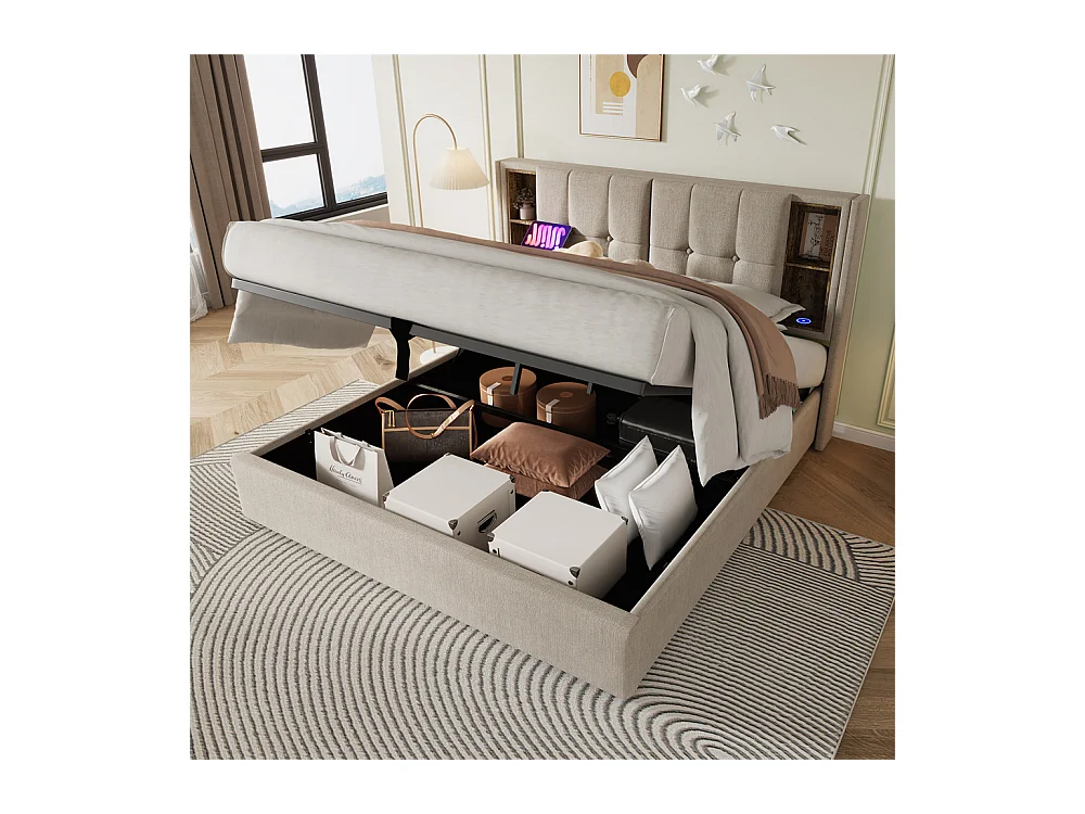 Gestoffeerd bed 180x200cm opbergbed houten lattenbodem bed met usb c draadloos opladen tweepersoonsbed linnen Neutraal