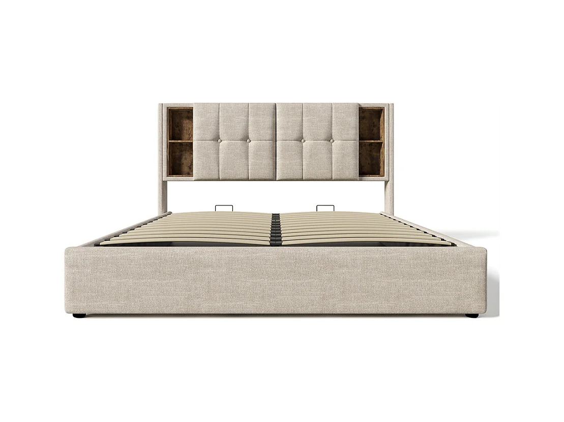 Gestoffeerd bed 180x200cm opbergbed houten lattenbodem bed met usb c draadloos opladen tweepersoonsbed linnen Neutraal