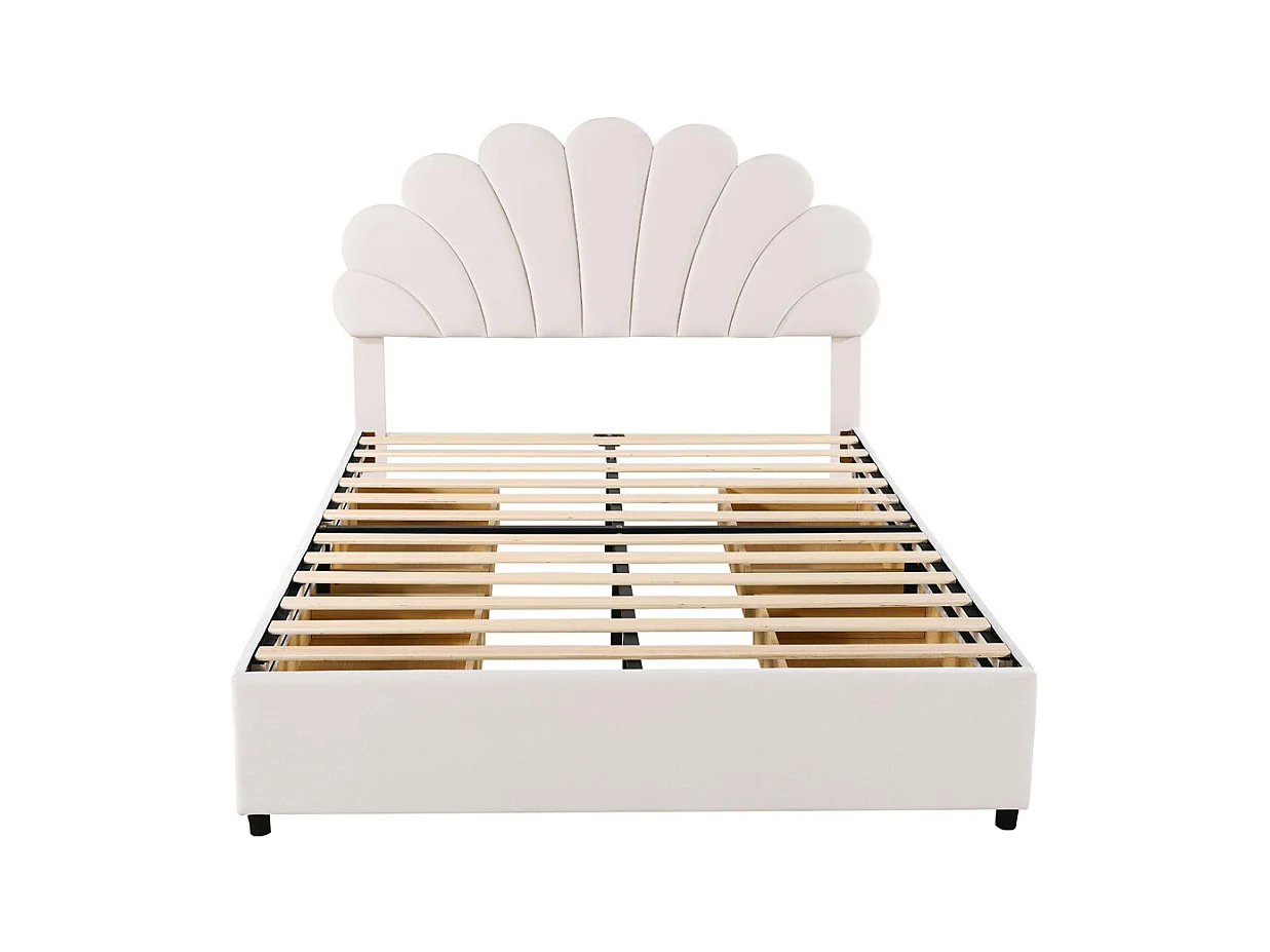 Volwassen bed 140x200 cm bed gestoffeerd bedframe bed met lattenbodem bed met 4 opbergvakken tweepersoonsbed beige fluweel