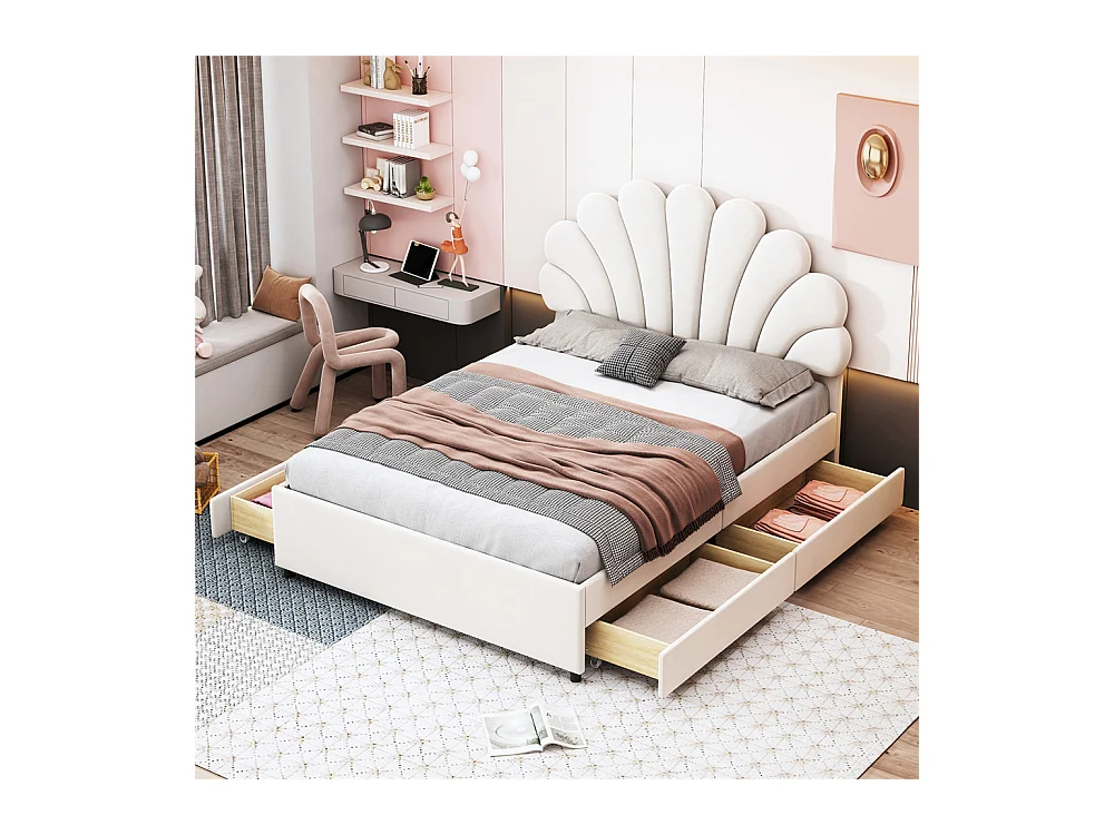 Volwassen bed 140x200 cm bed gestoffeerd bedframe bed met lattenbodem bed met 4 opbergvakken tweepersoonsbed beige fluweel