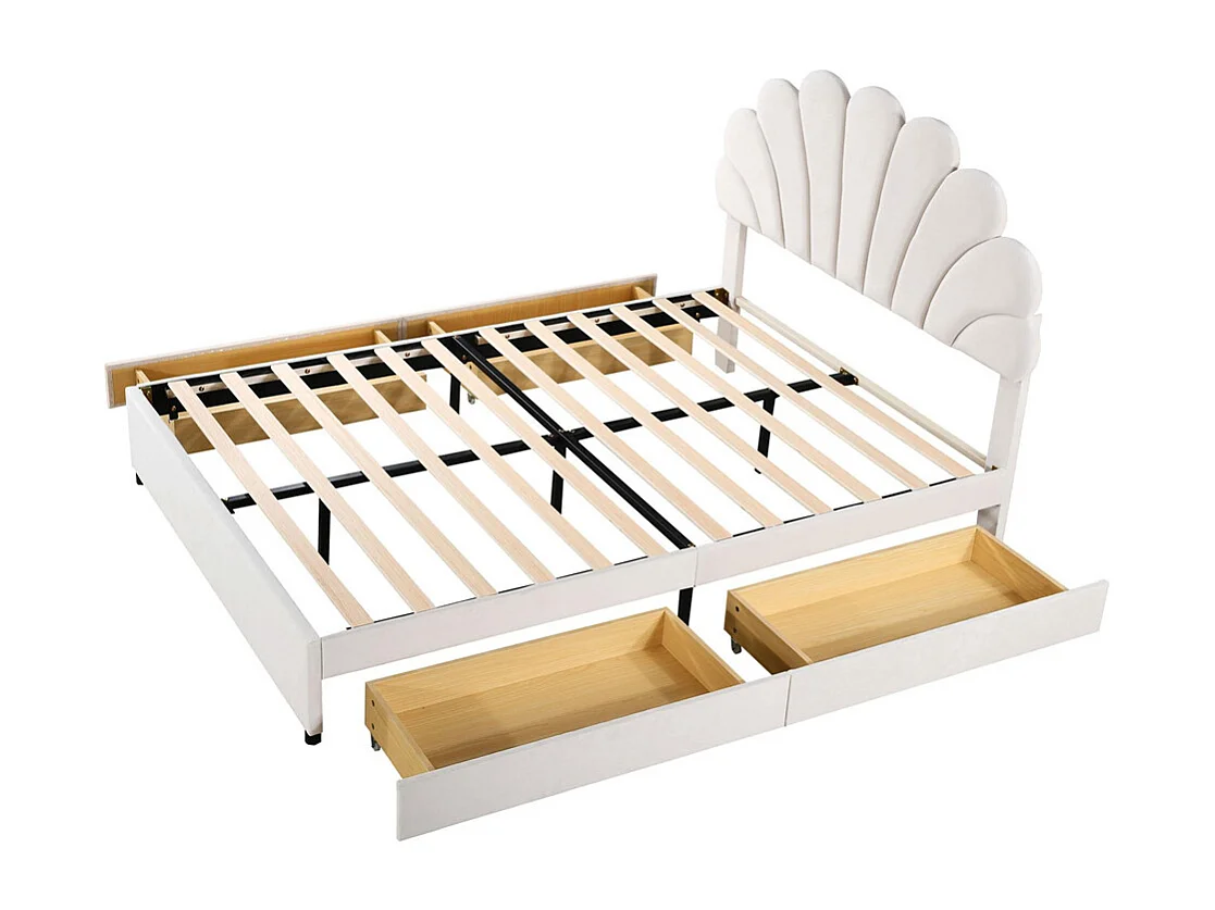 Volwassen bed 140x200 cm bed gestoffeerd bedframe bed met lattenbodem bed met 4 opbergvakken tweepersoonsbed beige fluweel