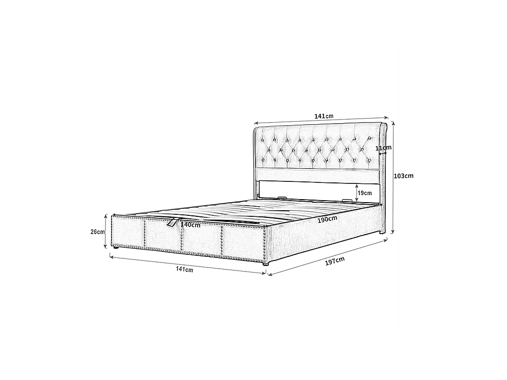 Gestoffeerd bed 140x190 cm, met hydraulische hendel, functioneel opbergbed, klinknageldecoratie, fluweel, grijs