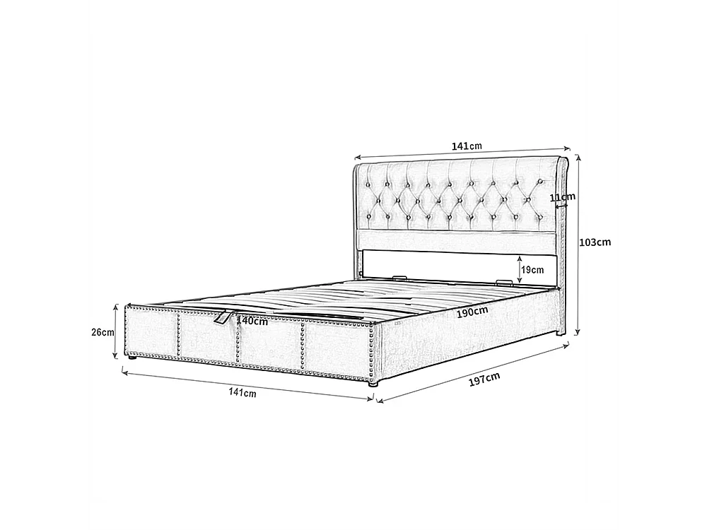 Gestoffeerd bed 140x190 cm, met hydraulische hendel, functioneel opbergbed, klinknageldecoratie, fluweel, grijs