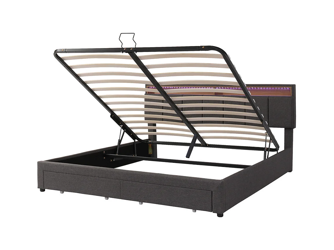 Volwassen bed 160x200 cm hydraulisch gestoffeerd bed opbergbed met LED-verlichting tweepersoonsbed grijs linnen