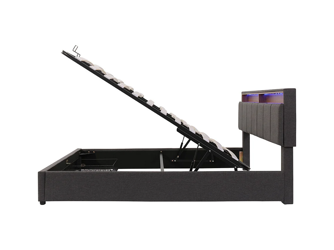 Volwassen bed 160x200 cm hydraulisch gestoffeerd bed opbergbed met LED-verlichting tweepersoonsbed grijs linnen