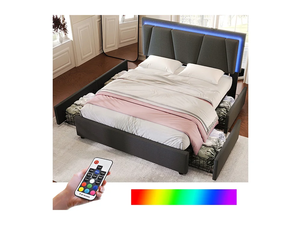 Lit adulte lit 160x200 cm lit rembourré lit eclairage led lit 4 tiroirs lit sommier à lattes en bois lit double lin gris