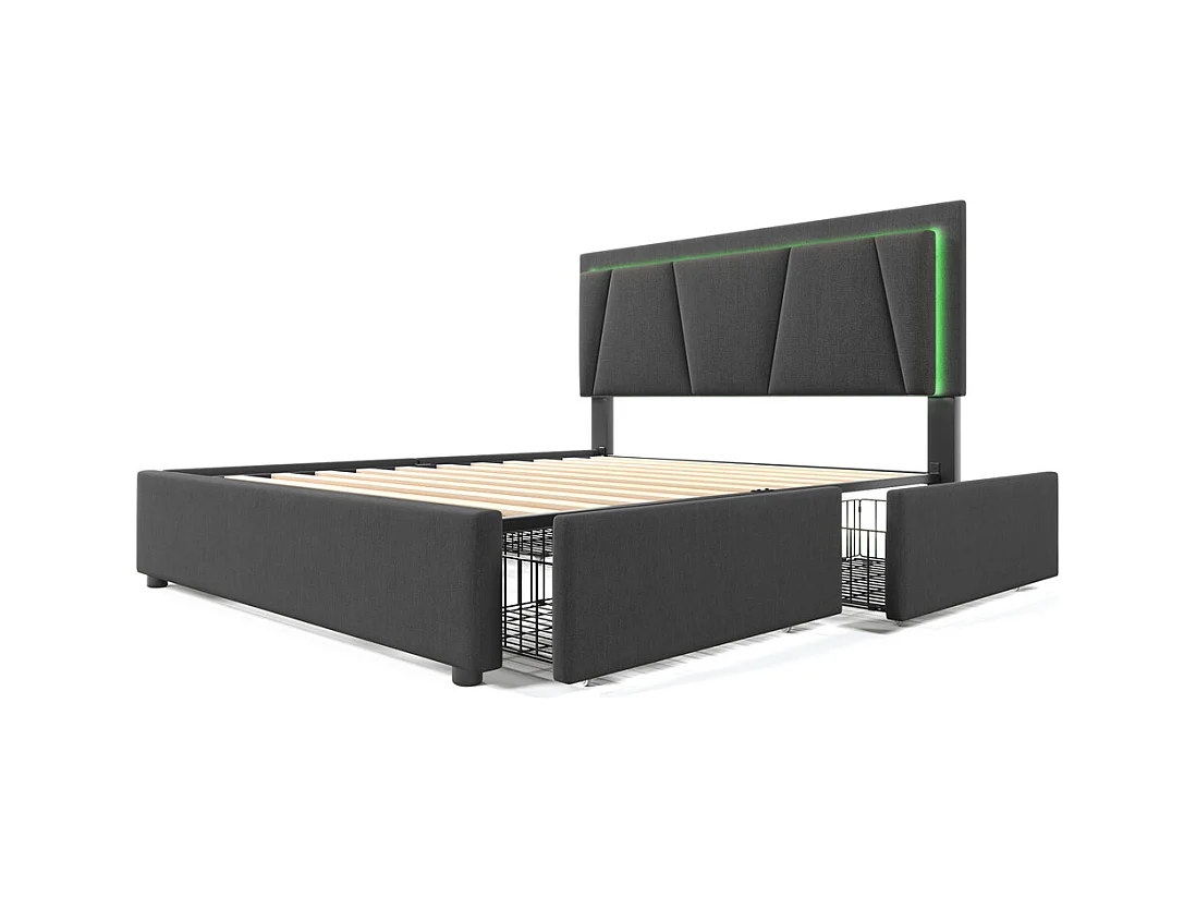 Lit adulte lit 160x200 cm lit rembourré lit eclairage led lit 4 tiroirs lit sommier à lattes en bois lit double lin gris