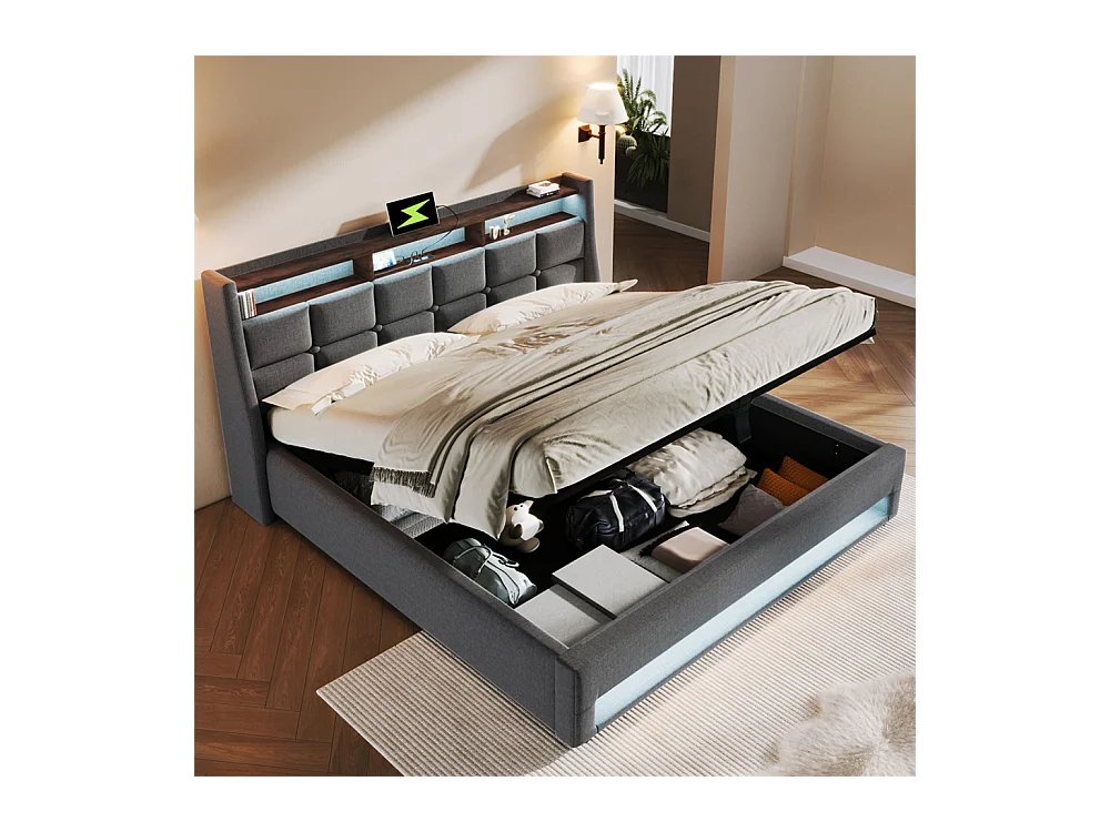 Lit rembourré hydraulique 140x200 cm lit de rangement lit usb lit en métal lit cadre à lattes en bois lit led double lin gris