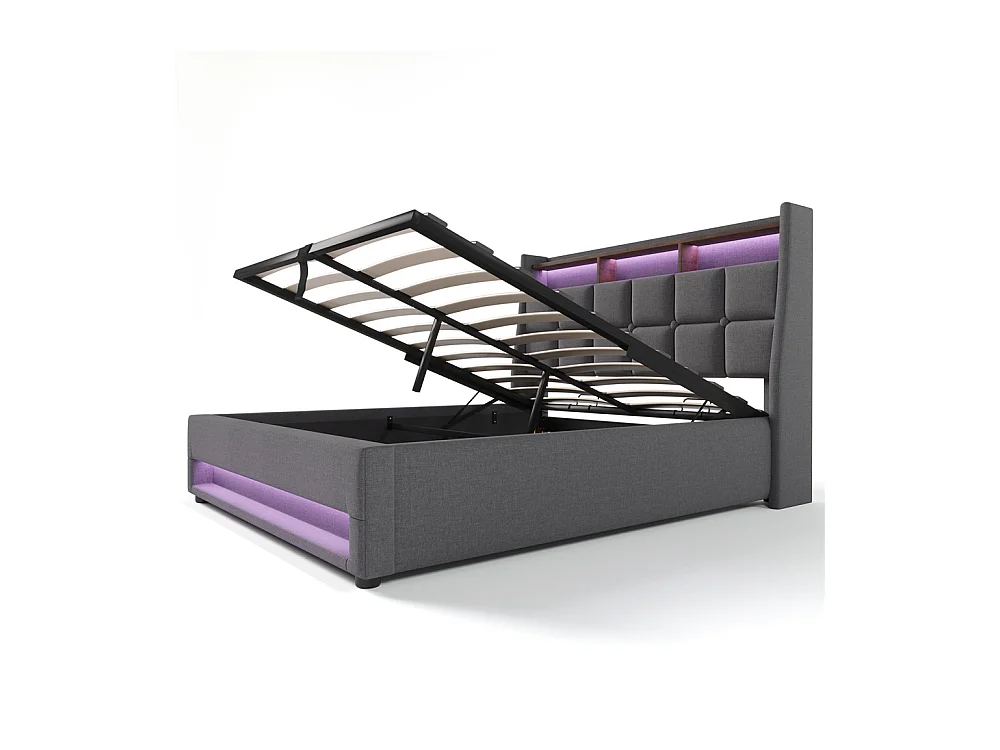 Lit rembourré hydraulique 140x200 cm lit de rangement lit usb lit en métal lit cadre à lattes en bois lit led double lin gris