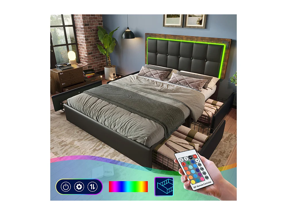 Lit adulte lit 160x200 cm lit rembourré avec bandeau lumineux led et 4 tiroirs lit double pu noir