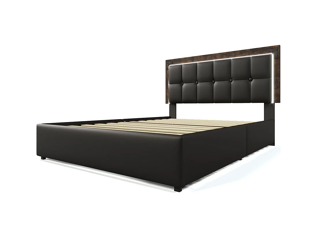 Lit adulte lit 160x200 cm lit rembourré avec bandeau lumineux led et 4 tiroirs lit double pu noir