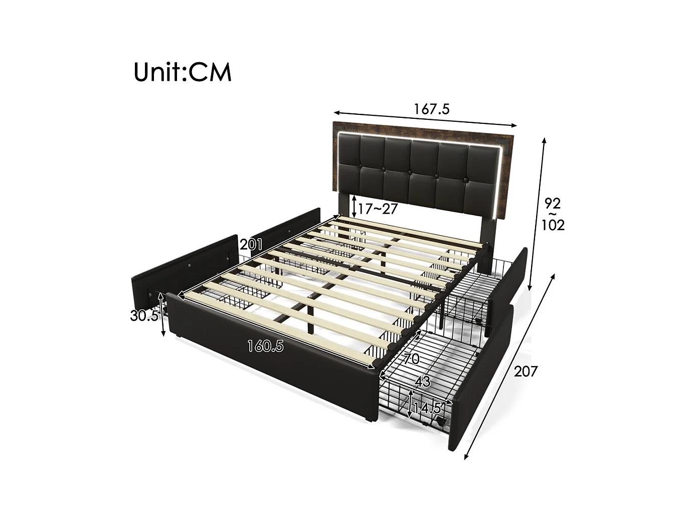 Lit adulte lit 160x200 cm lit rembourré avec bandeau lumineux led et 4 tiroirs lit double pu noir