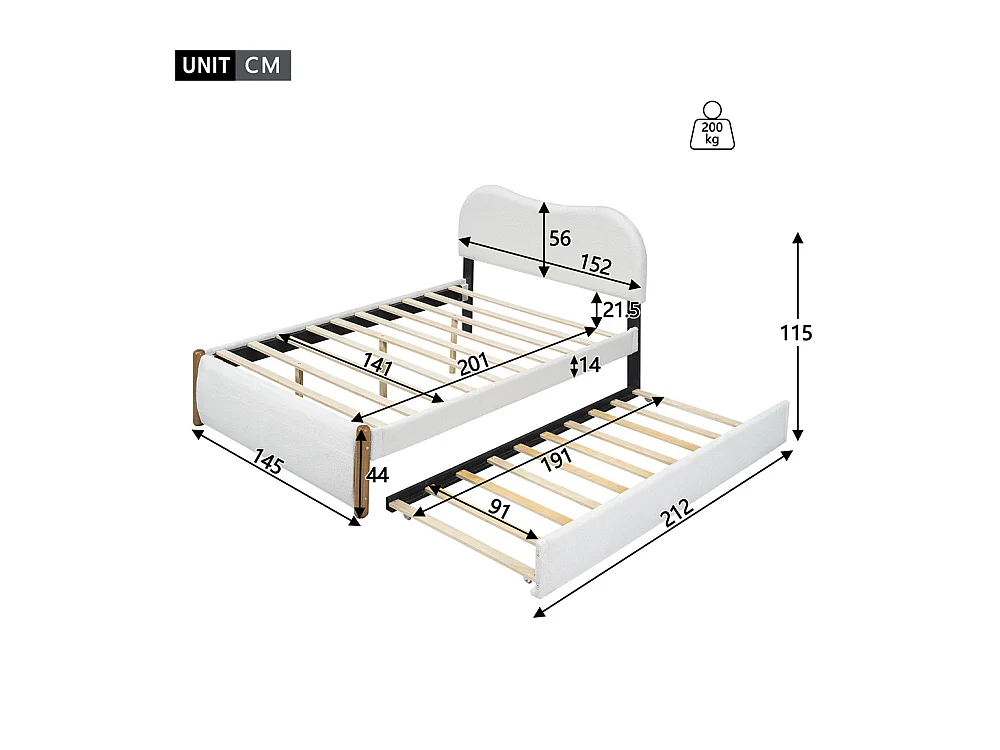 Volwassen bed 140x200 cm met rolbed Eenpersoons pluche wit