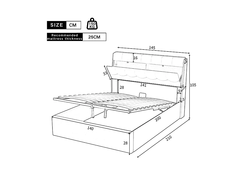 Volwassen bed 140x200 cm hydraulisch gestoffeerd tweepersoonsbed met zwarte PU lattenbodem