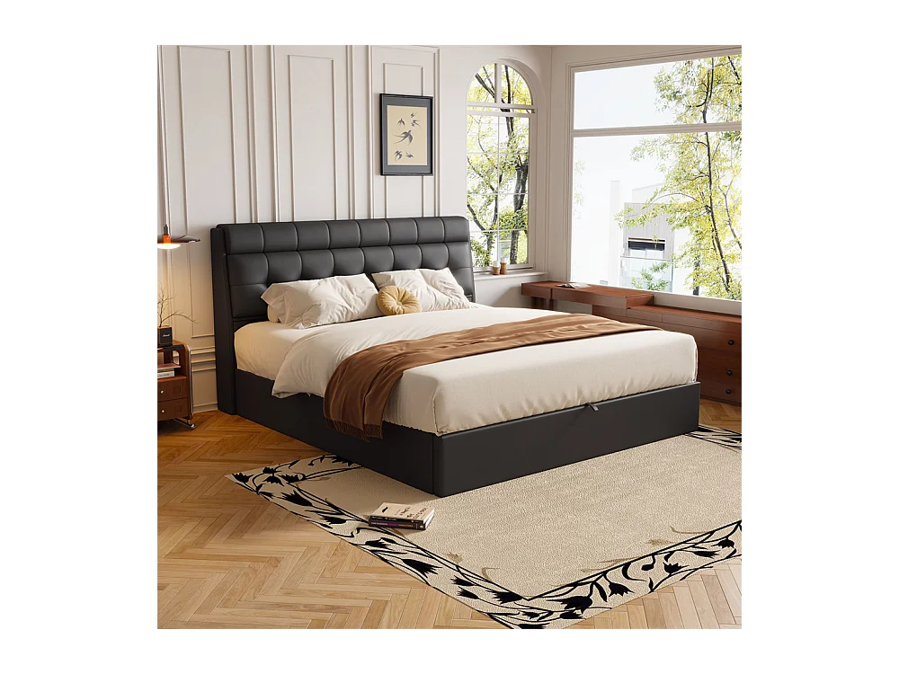 Volwassen bed 140x200 cm hydraulisch gestoffeerd tweepersoonsbed met zwarte PU lattenbodem