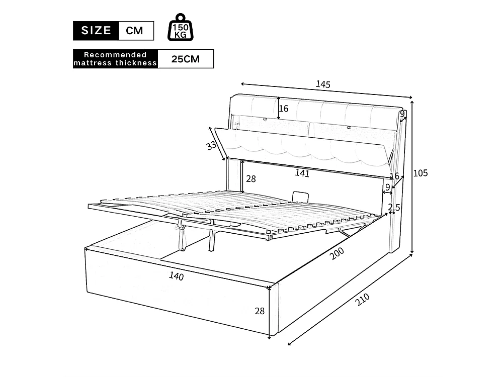Volwassen bed 140x200 cm hydraulisch gestoffeerd tweepersoonsbed met zwarte PU lattenbodem