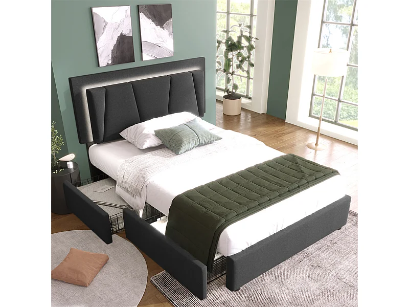 Lit adulte lit 90x200 cm lit rembourré lit eclairage led lit 2 tiroirs lit sommier à lattes en bois Single lin gris