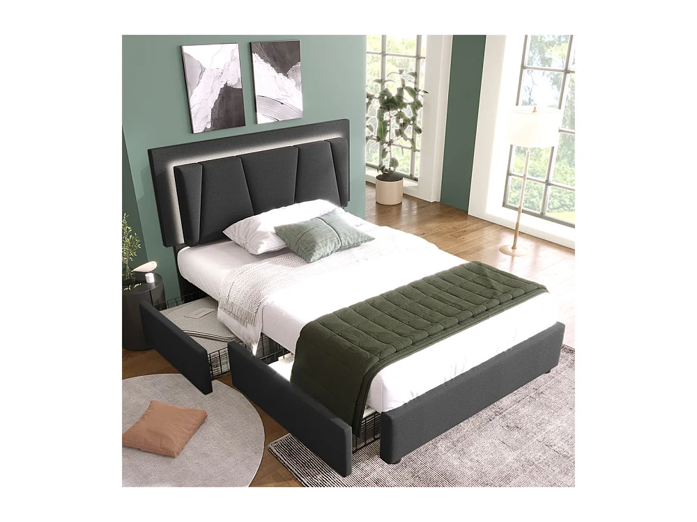 Lit adulte lit 90x200 cm lit rembourré lit eclairage led lit 2 tiroirs lit sommier à lattes en bois Single lin gris