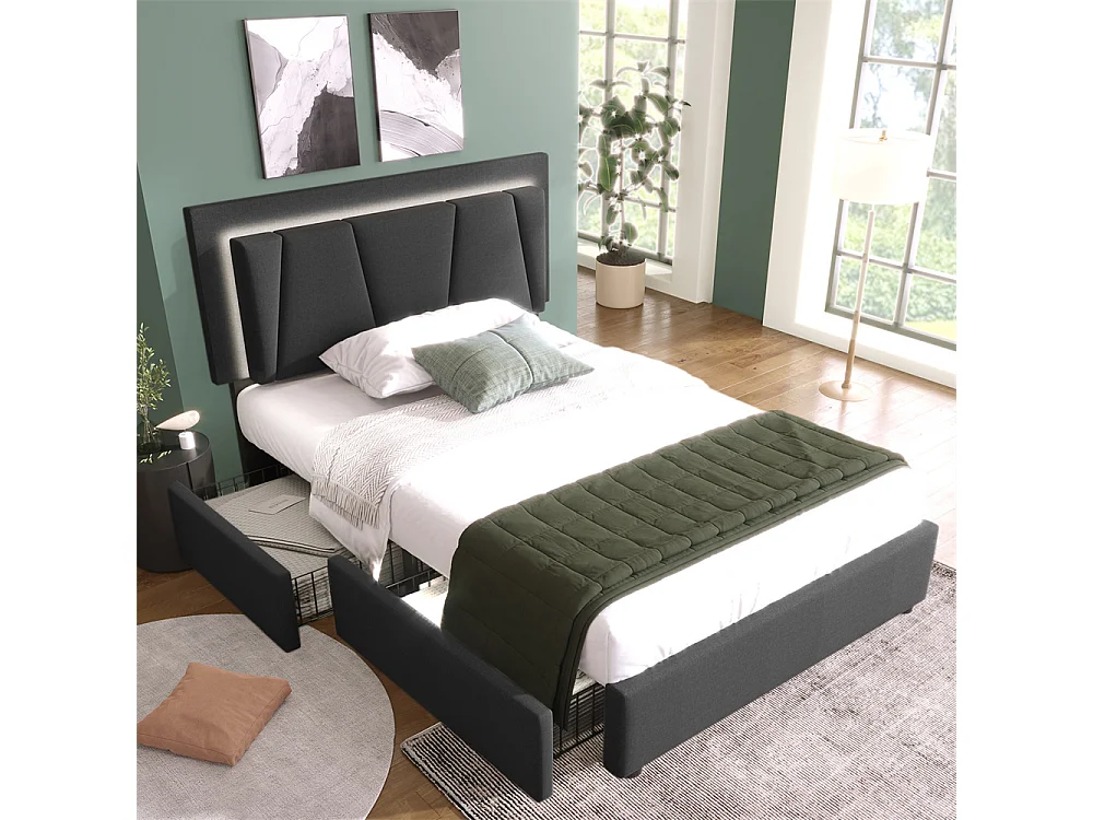 Lit adulte lit 90x200 cm lit rembourré lit eclairage led lit 2 tiroirs lit sommier à lattes en bois Single lin gris