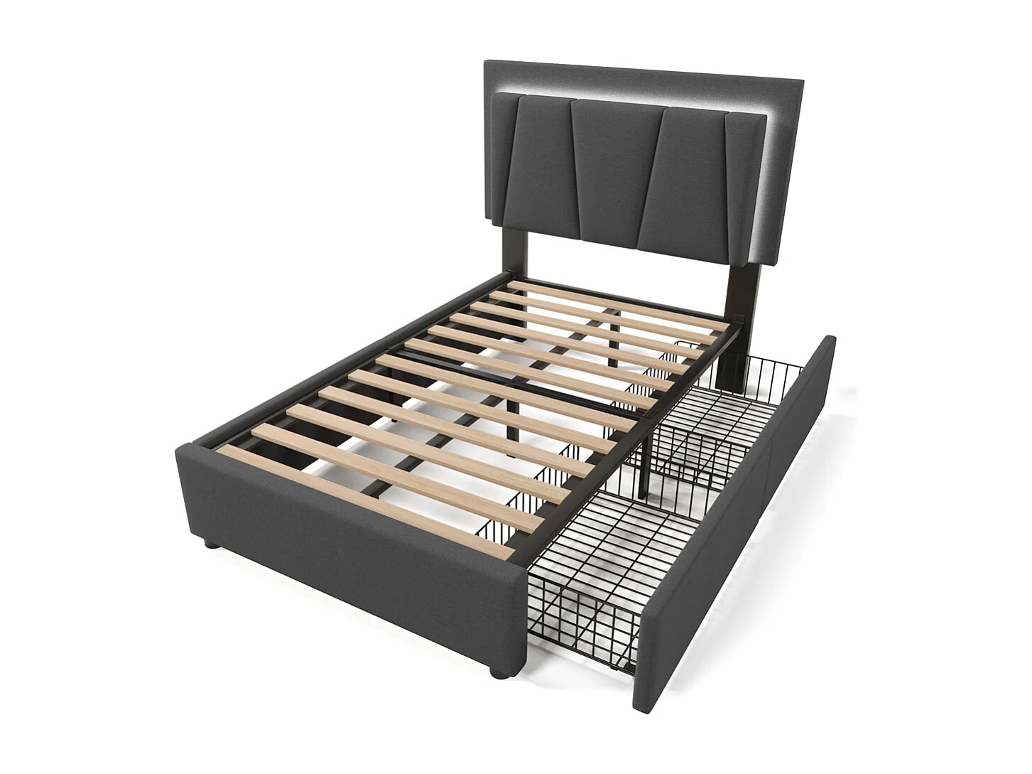 Lit adulte lit 90x200 cm lit rembourré lit eclairage led lit 2 tiroirs lit sommier à lattes en bois Single lin gris