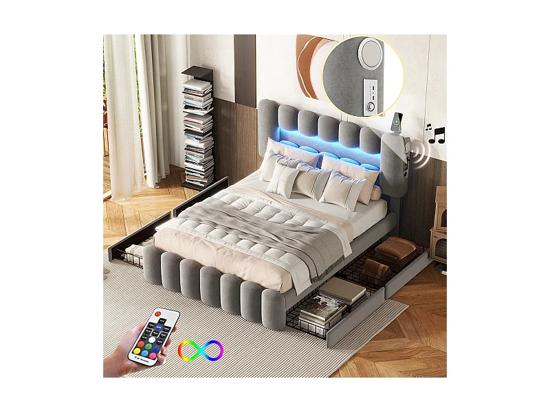 Volwassen bed 140x200 cm gestoffeerd bed met LED-lichtbalk 4-ladenbed met USB en stereo tweepersoonsbed grijs fluweel