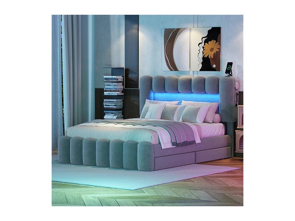 Volwassen bed 140x200 cm gestoffeerd bed met LED-lichtbalk 4-ladenbed met USB en stereo tweepersoonsbed grijs fluweel