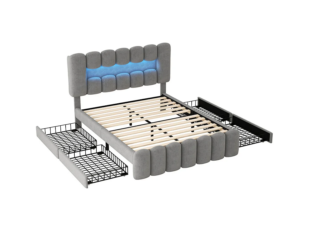 Volwassen bed 140x200 cm gestoffeerd bed met LED-lichtbalk 4-ladenbed met USB en stereo tweepersoonsbed grijs fluweel