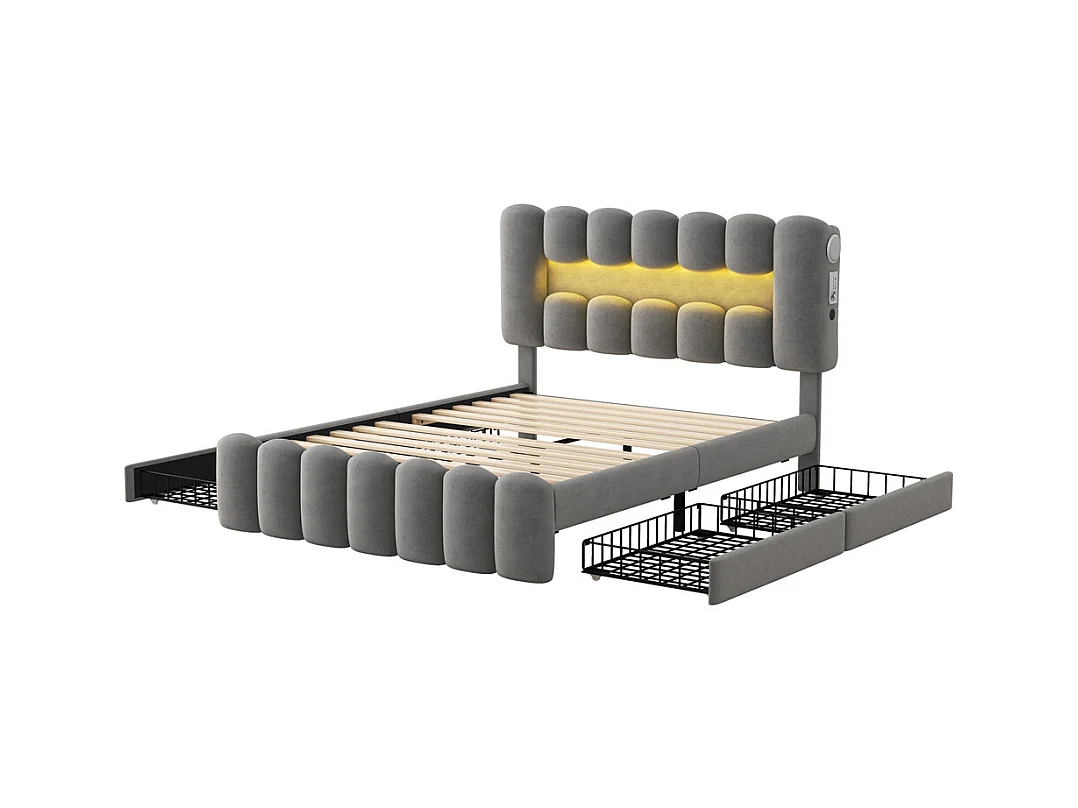 Volwassen bed 140x200 cm gestoffeerd bed met LED-lichtbalk 4-ladenbed met USB en stereo tweepersoonsbed grijs fluweel