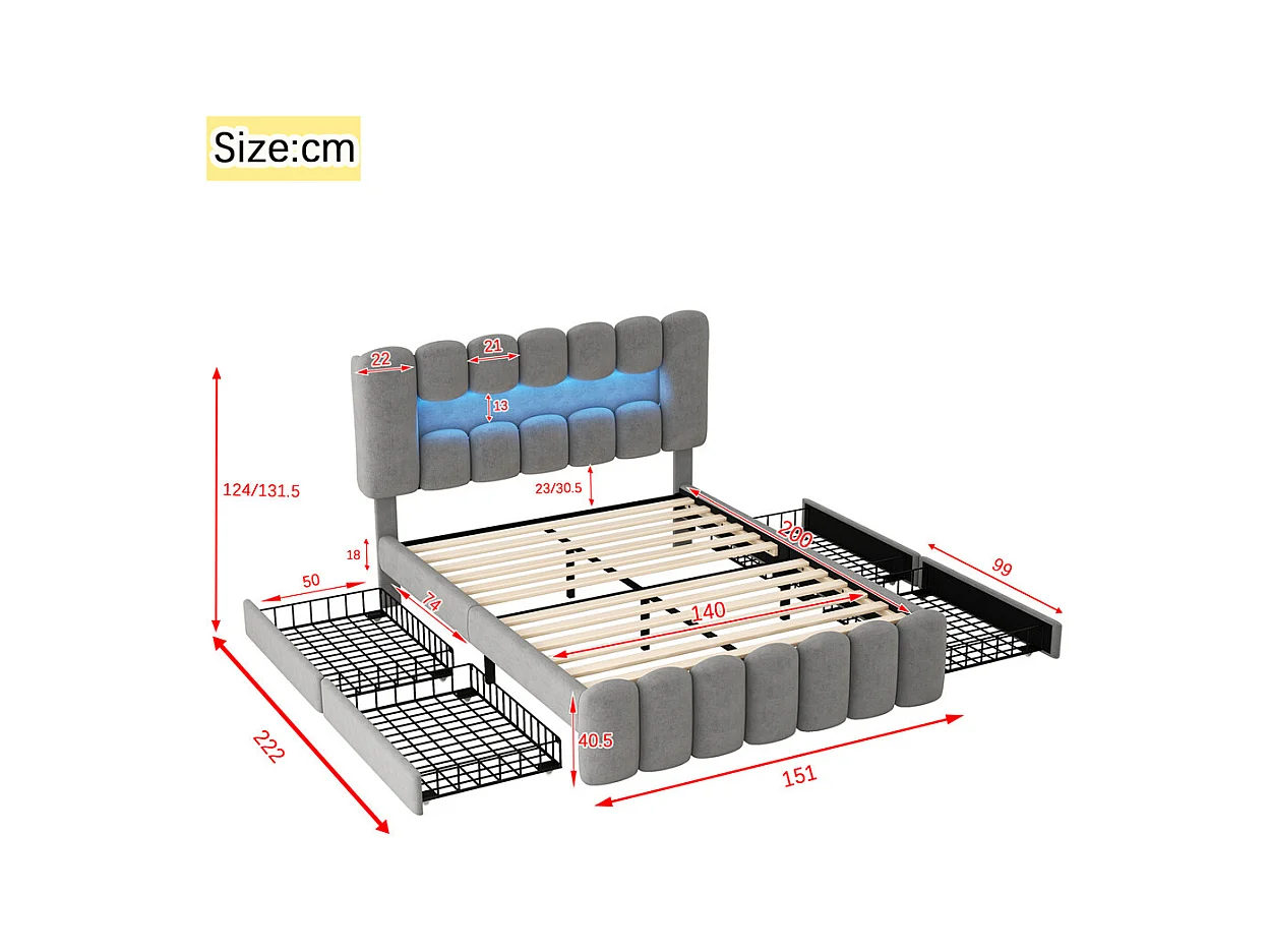Volwassen bed 140x200 cm gestoffeerd bed met LED-lichtbalk 4-ladenbed met USB en stereo tweepersoonsbed grijs fluweel