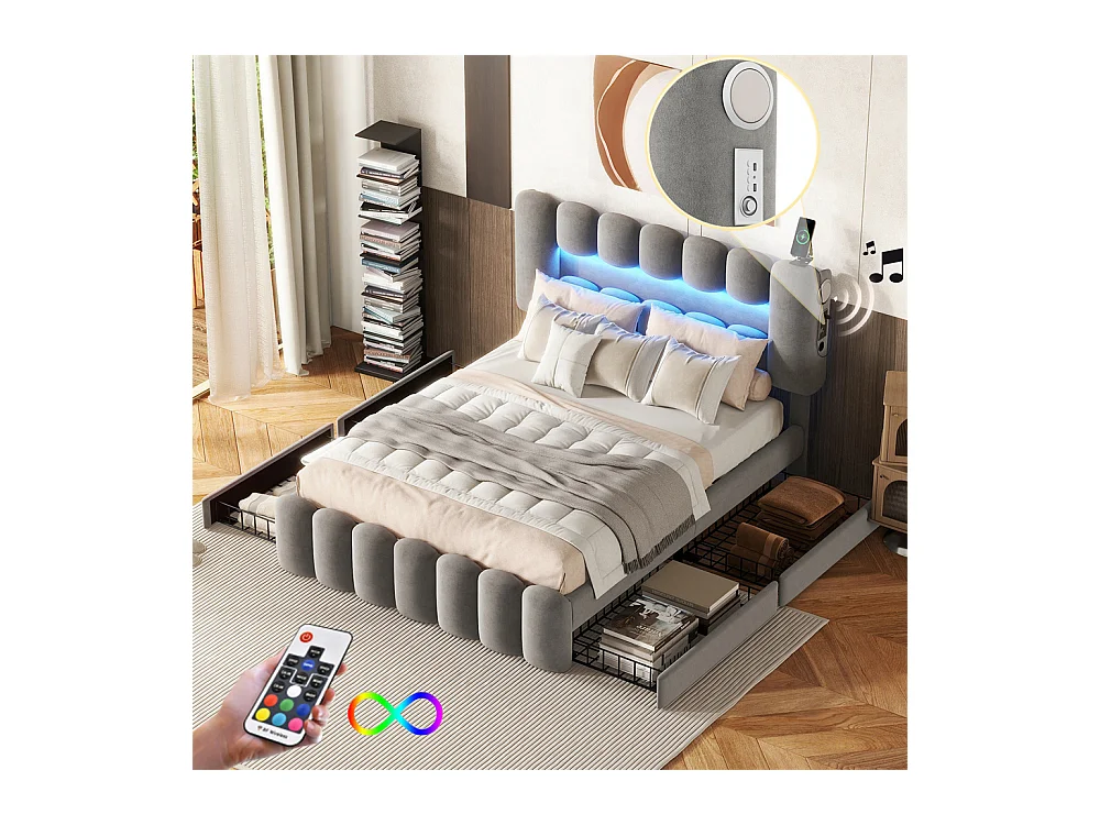 Volwassen bed 140x200 cm gestoffeerd bed met LED-lichtbalk 4-ladenbed met USB en stereo tweepersoonsbed grijs fluweel